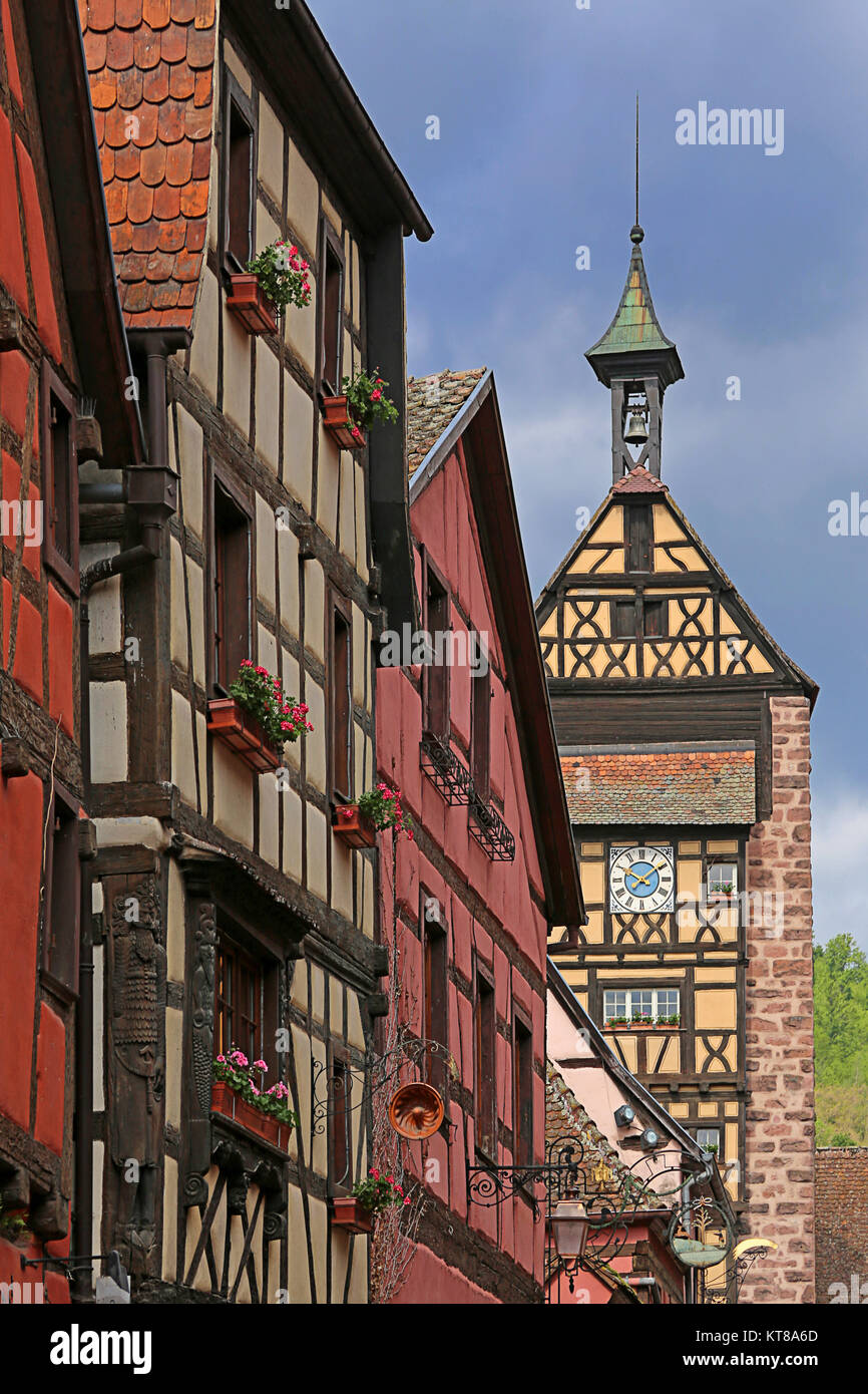 the gate tower dolder in the old town of riquewihr in alsace Stock Photo