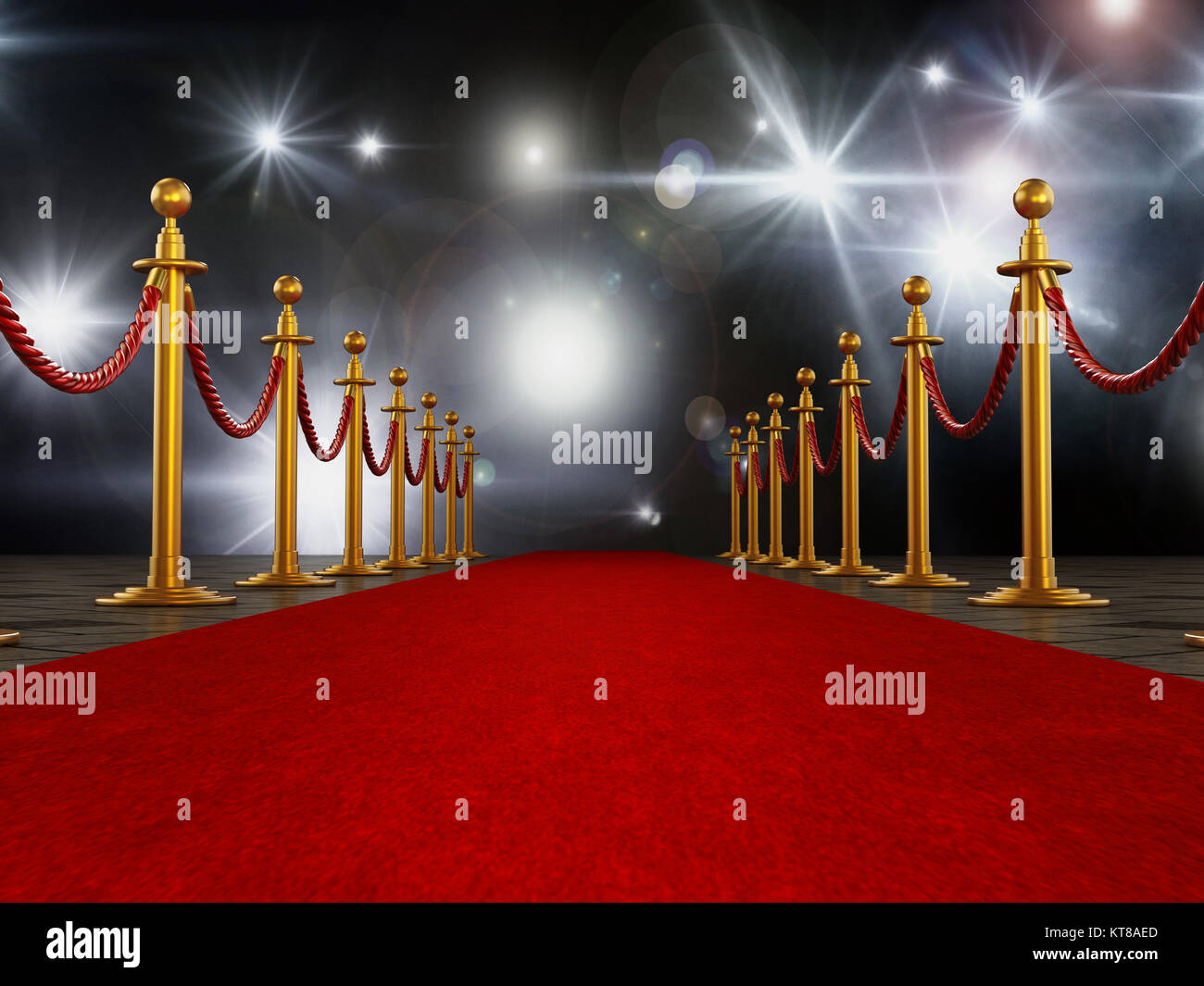 Red carpet and velvet ropes on gala night background. 3D illustration. Stock Photo