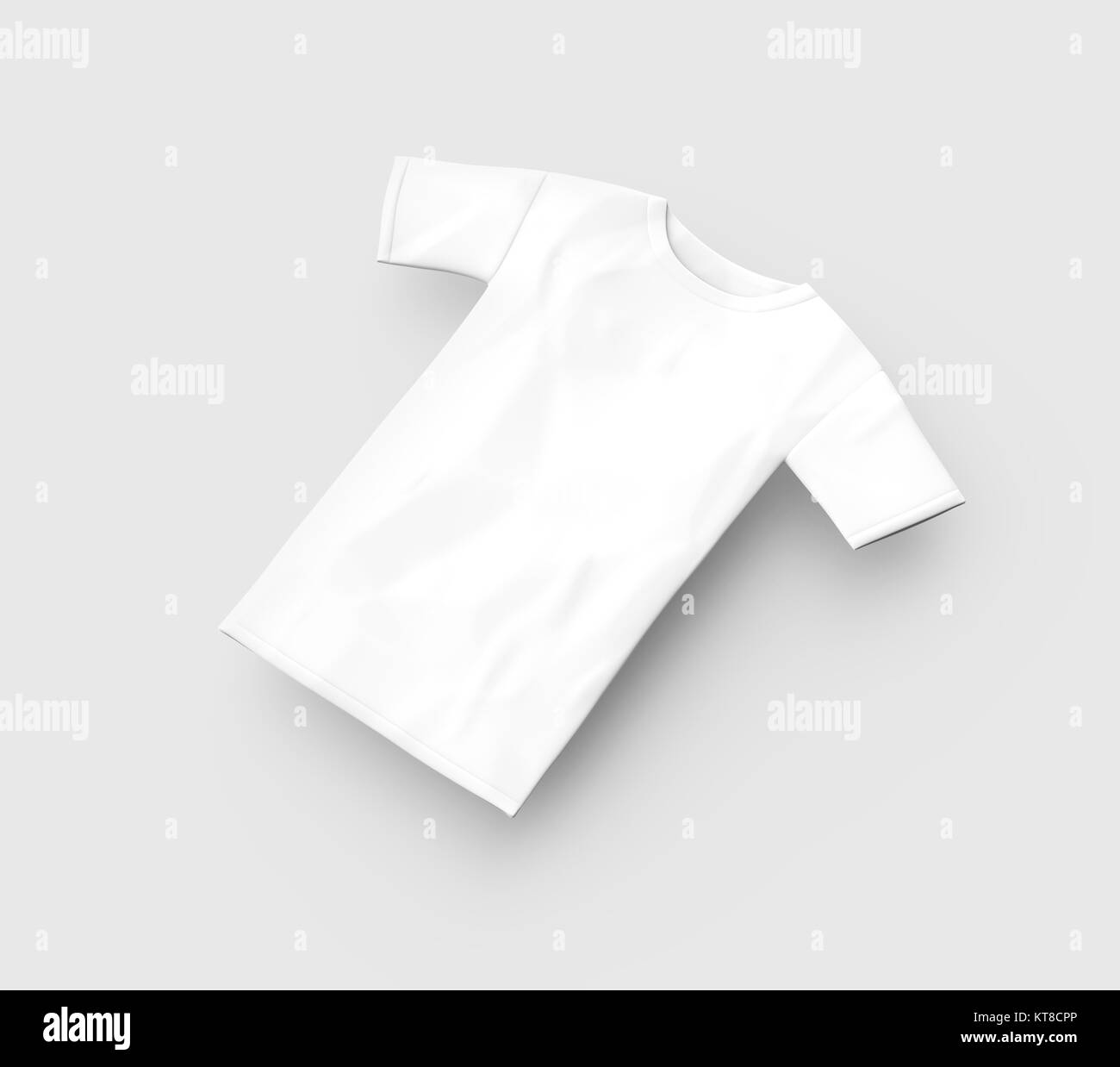 T shirt mockup, blank white unisex cloth template isolated on light gray background, 3d render elevated view Stock Photo