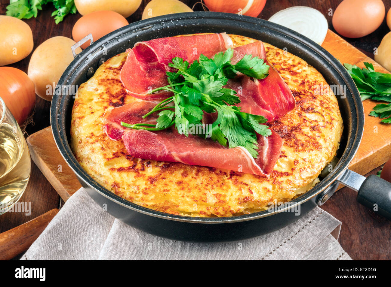 A closeup photo of a Spanish tortilla with ingredients Stock Photo Alamy