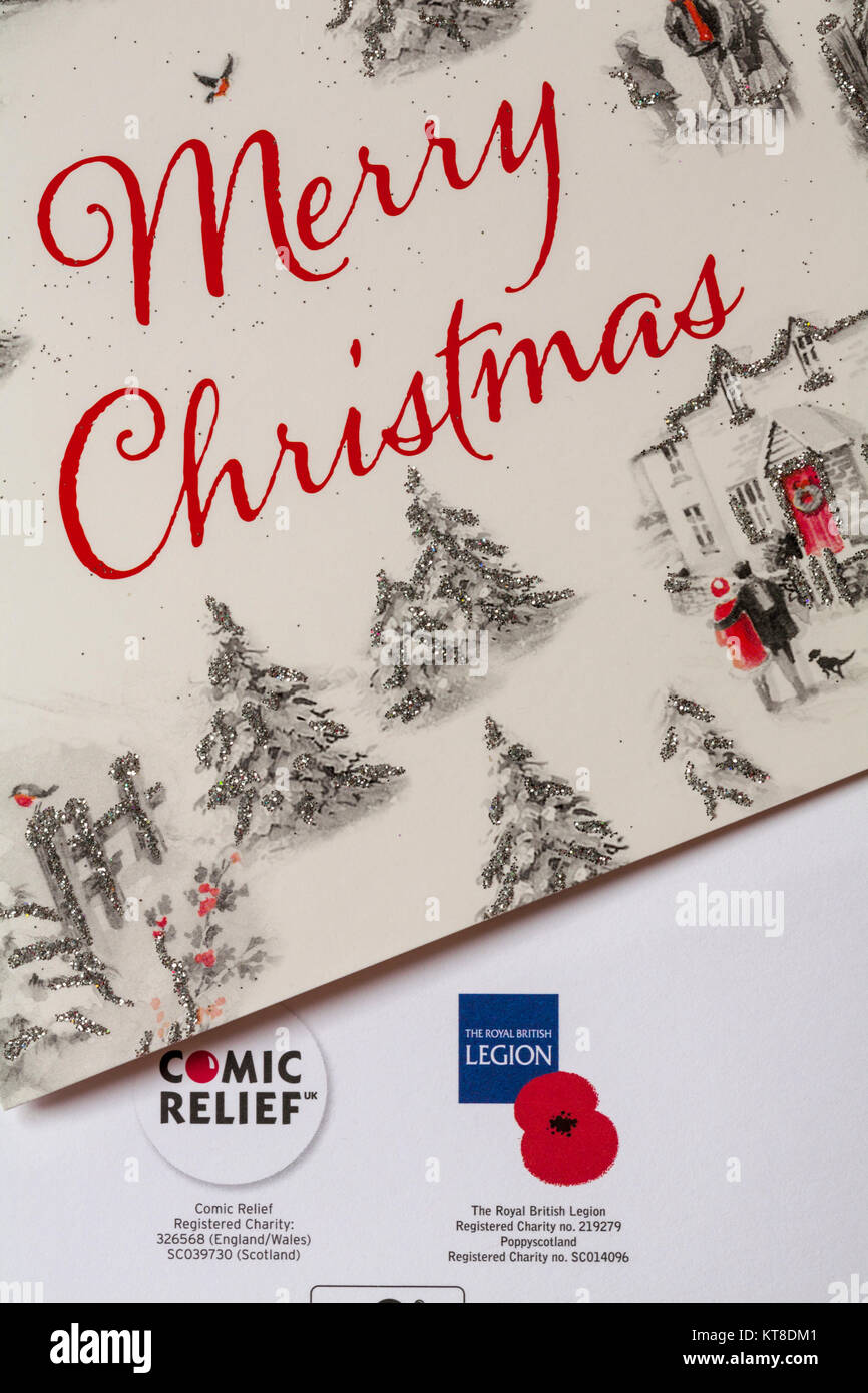 Merry Christmas Christmas card with the Royal British Legion and Comic Relief logos on the back of another Christmas card Stock Photo