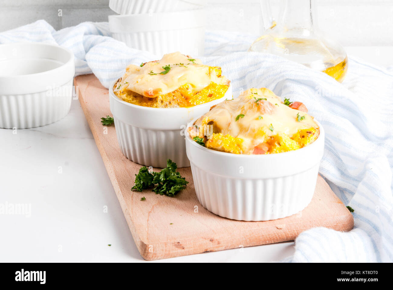 Homemade italian bread casserole strata with cheese, egg and ham, white