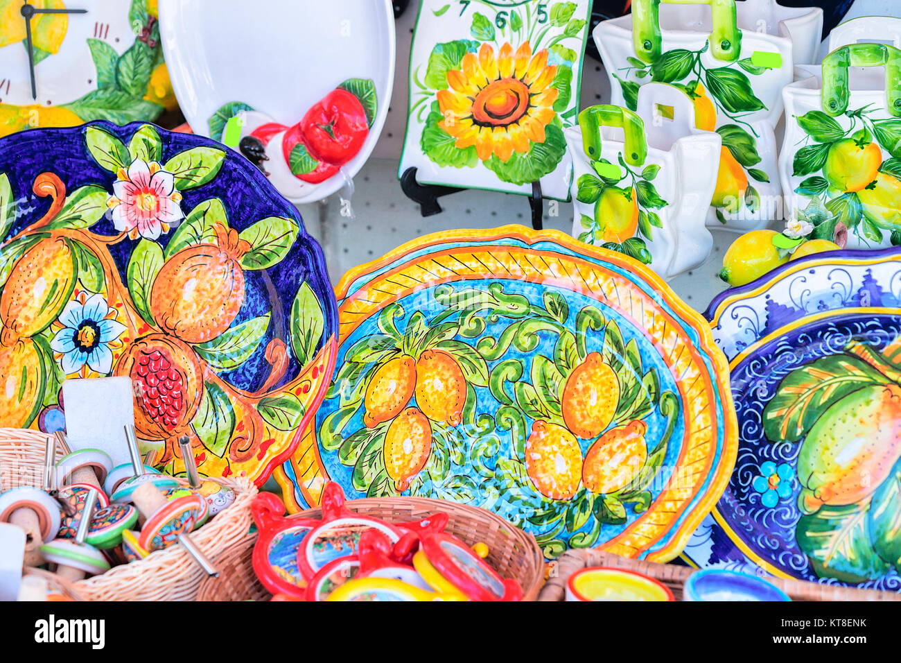 Ravello, Italy October 2, 2017 Traditional colorful ceramics plates