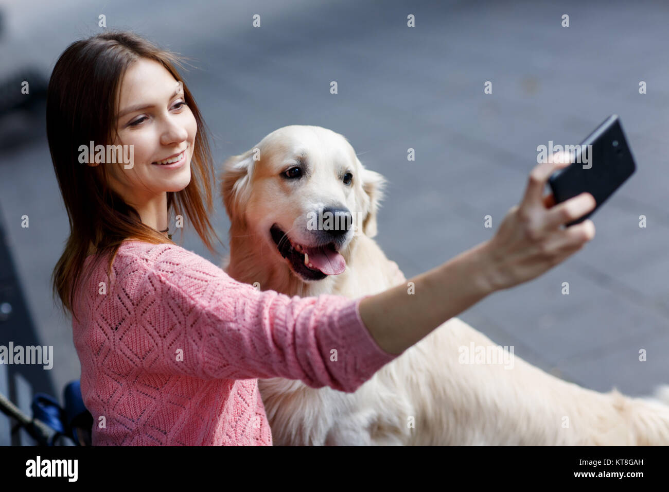Photo of woman on bench doing selfie with dog in summer park Stock ...