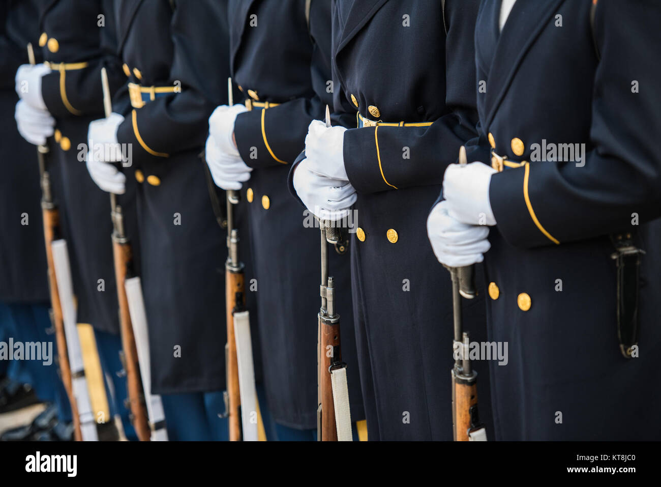 U.S. Army Honor Guard soldiers participate in an Army Full Honors Wreath-Laying Ceremony for the Army Arlington Ladies at the Tomb of the Unknown Soldier at Arlington National Cemetery, Arlington, Virginia, Nov. 15, 2017.  (U.S. Army photo by Elizabeth Fraser / Arlington National Cemetery / released) Stock Photo