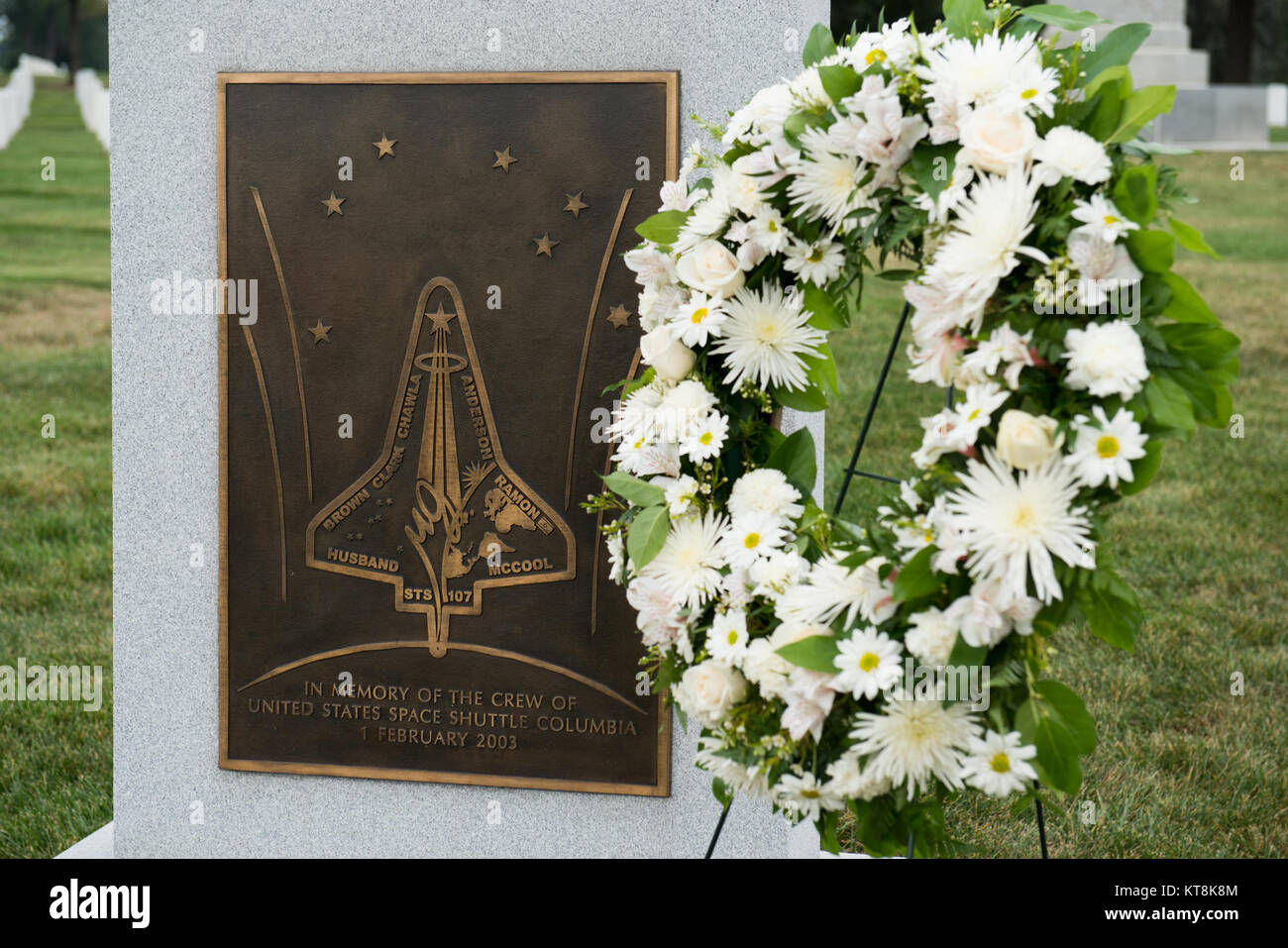 A wreath laid by Chief Minister of Haryana, India Manohar Lal Khattar rests next to the Space Shuttle Columbia Memorial near the Memorial Amphitheater in Arlington National Cemetery, Aug. 18, 2015, in Arlington, Va. Kalpana Chawla, one of seven crew members killed during the Columbia disaster. She was born in Karnal, India, and was posthumously awarded the Congressional Space Medal of Honor, the NASA Space Flight Medal, and the NASA Distinguished Service Medal. (U.S. Army photo by Rachel Larue/released) Stock Photo