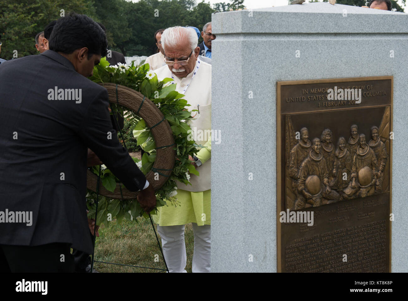 Chief Minister of Haryana, India Manohar Lal Khattar takes part in a wreath-laying ceremony at the Space Shuttle Columbia Memorial near the Memorial Amphitheater in Arlington National Cemetery, Aug. 18, 2015, in Arlington, Va. Kalpana Chawla, one of seven crew members killed during the Columbia disaster. She was born in Karnal, India, and was posthumously awarded the Congressional Space Medal of Honor, the NASA Space Flight Medal, and the NASA Distinguished Service Medal. (U.S. Army photo by Rachel Larue/released) Stock Photo
