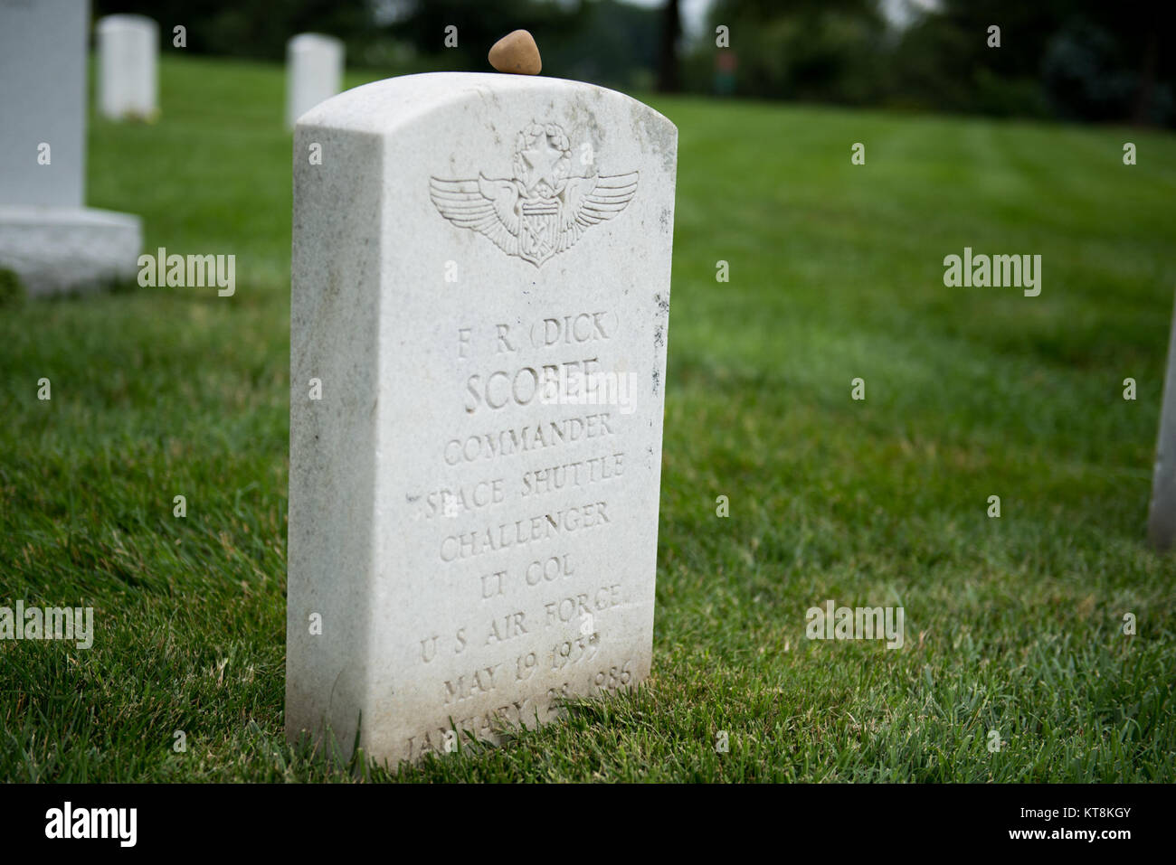 Lt. Col. Francis R. Scobee, U.S. Air Force, Section 46, grave 1129-4 of Arlington National Cemetery, was interred May 19, 1986. Scobee was killed in the Jan. 28, 1986, explosion of the Space Shuttle Challenger. An Air Force full-honor memorial service was held at the Old Post Chapel at Fort Myer. (U.S. Army photo by Rachel Larue/released) Stock Photo