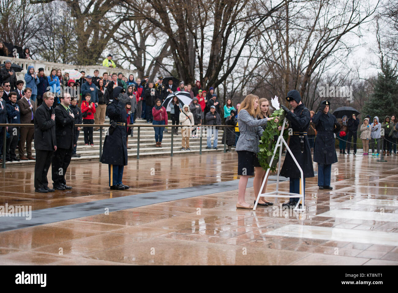 From the left, Andrew Pogue, from Missouri; Dakota Fleury, from Washington, D.C.; Marion Lovett, from New Hampshire; and Amanda Finnegan, from South Dakota; represent the high school students participating in the United States Senate Youth Program during a wreath laying ceremony at the Tomb of the Unknown Soldier in Arlington National Cemetery, March 10, 2017, in Arlington, Va. The students also toured the Memorial Amphitheater Display Room. (U.S. Army photo by Rachel Larue/Arlington National Cemetery/released) Stock Photo