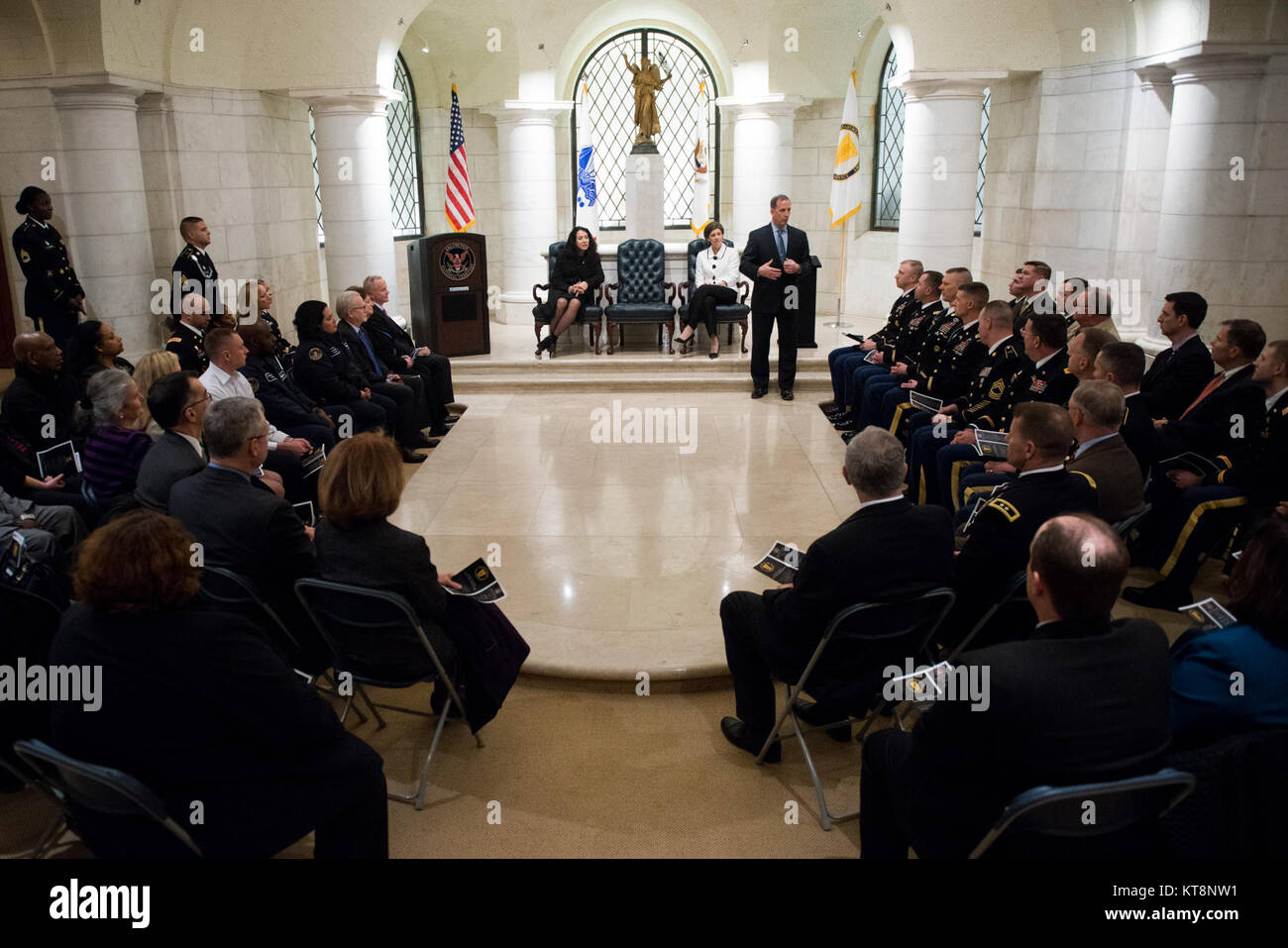 Gerald B. O’Keefe, administrative assistant to the Secretary of the Army, gives remarks during the Senior Executive Service induction ceremony for Katharine Kelley, superintendent, Arlington National Cemetery, March 2, 2017, in Arlington, Va. The ceremony took place in the lower level of the Memorial Amphitheater in the cemetery. (U.S. Army photo by Rachel Larue/Arlington National Cemetery/released) Stock Photo