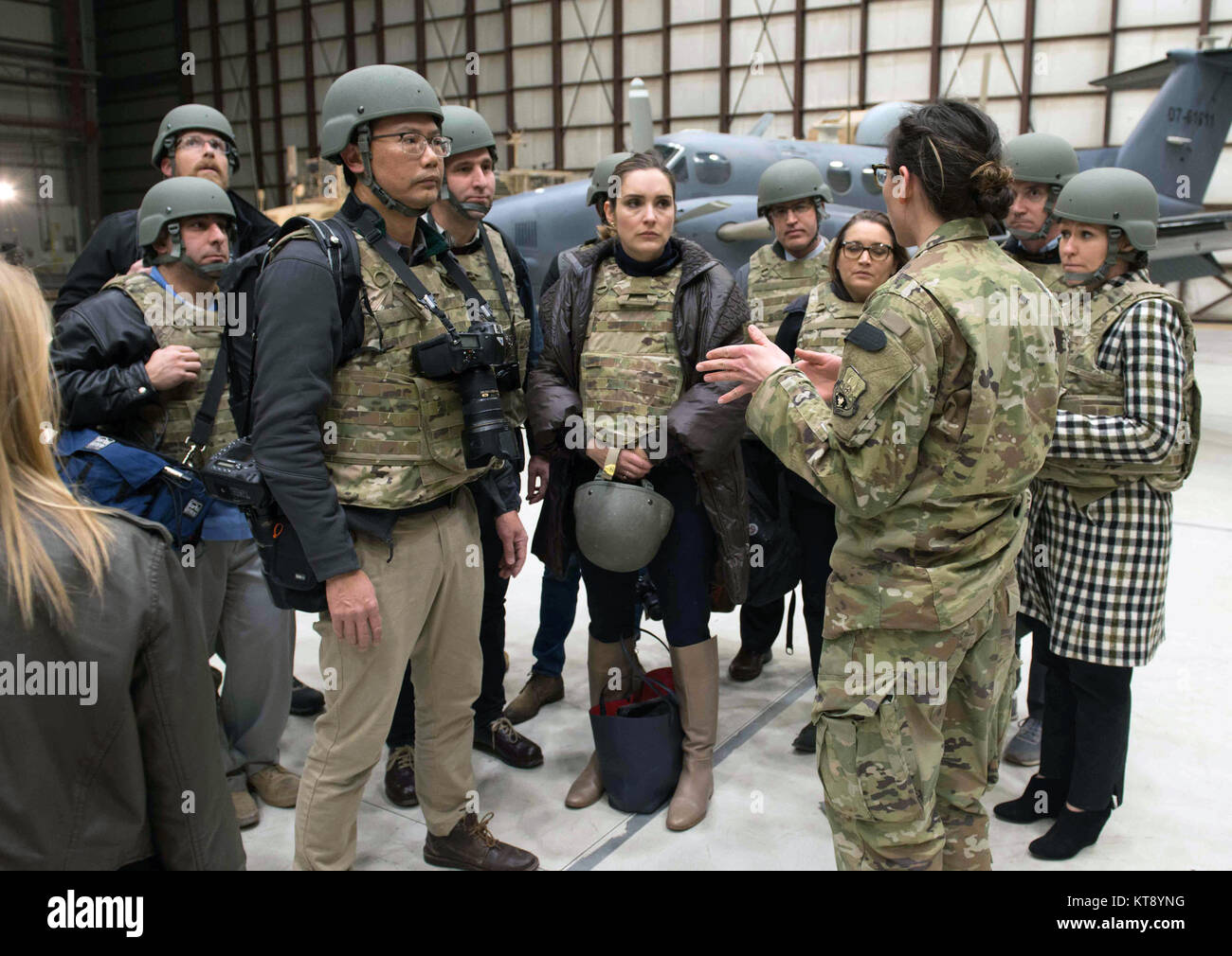 Bagram, Afghanistan. 21st Dec, 2017. Members of the media pool accompanying U.S. Vice President Mike Pence are breifed during an unannounced Christmas visit to Bagram Air Base December 21, 2017 in Bagram, Afghanistan. Credit: Planetpix/Alamy Live News Stock Photo