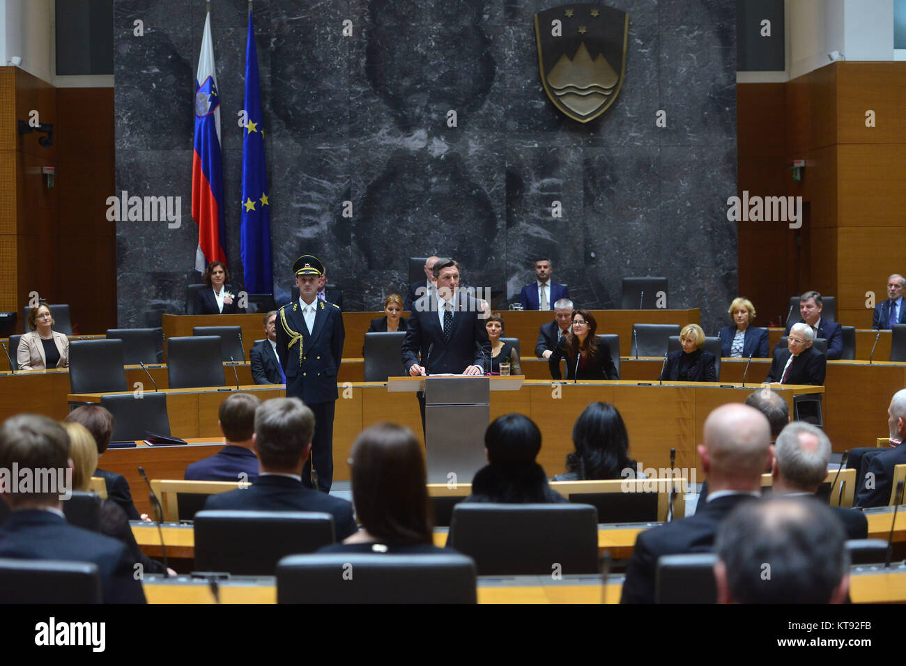 Ljubljana, Slovenia. 22nd Dec, 2017. President of the Republic of Slovenia, Borut Pahor (C), swears in as president at a special National Assembly session in Ljubljana, Slovenia, Dec. 22, 2017. Slovenian President Borut Pahor was sowrn in at the National Assembly on Friday and will formally start his second five-year term on Saturday, the Slovenian Press Agency (STA) reported. Credit: Matic Stojs/Xinhua/Alamy Live News Stock Photo