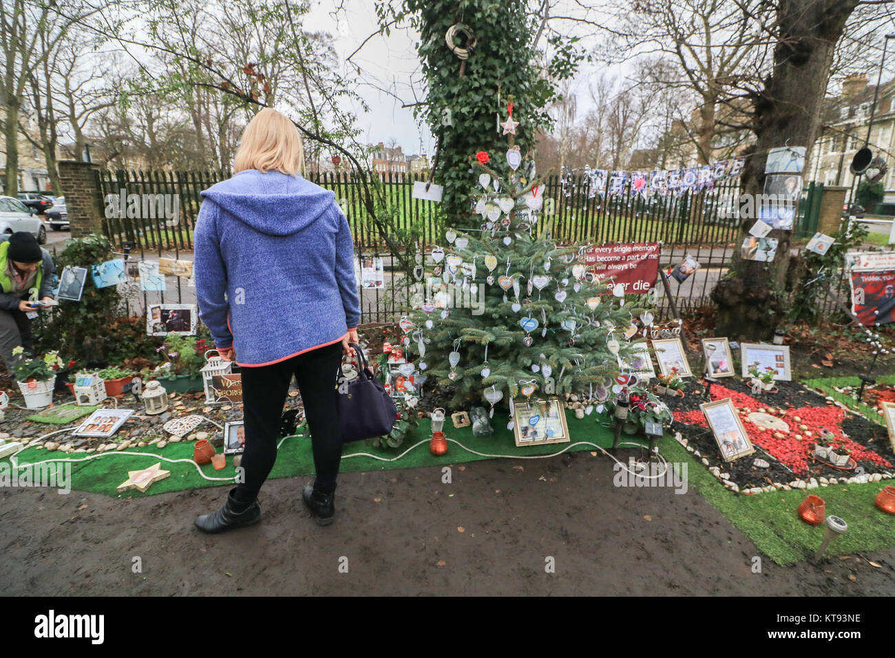 London, UK. 23rd Dec, 2017. The first anniversary  approaches of the death of British and International pop legend  George Michael  who died in Goring on Thames on 25 December 2016. Many devoted fans continue to visit and leave posthumous  tributes including  handmade items, flowers, posters and photographs at the George Michael memorial garden  set up outside the singer's former home in North London Credit: amer ghazzal/Alamy Live News Stock Photo