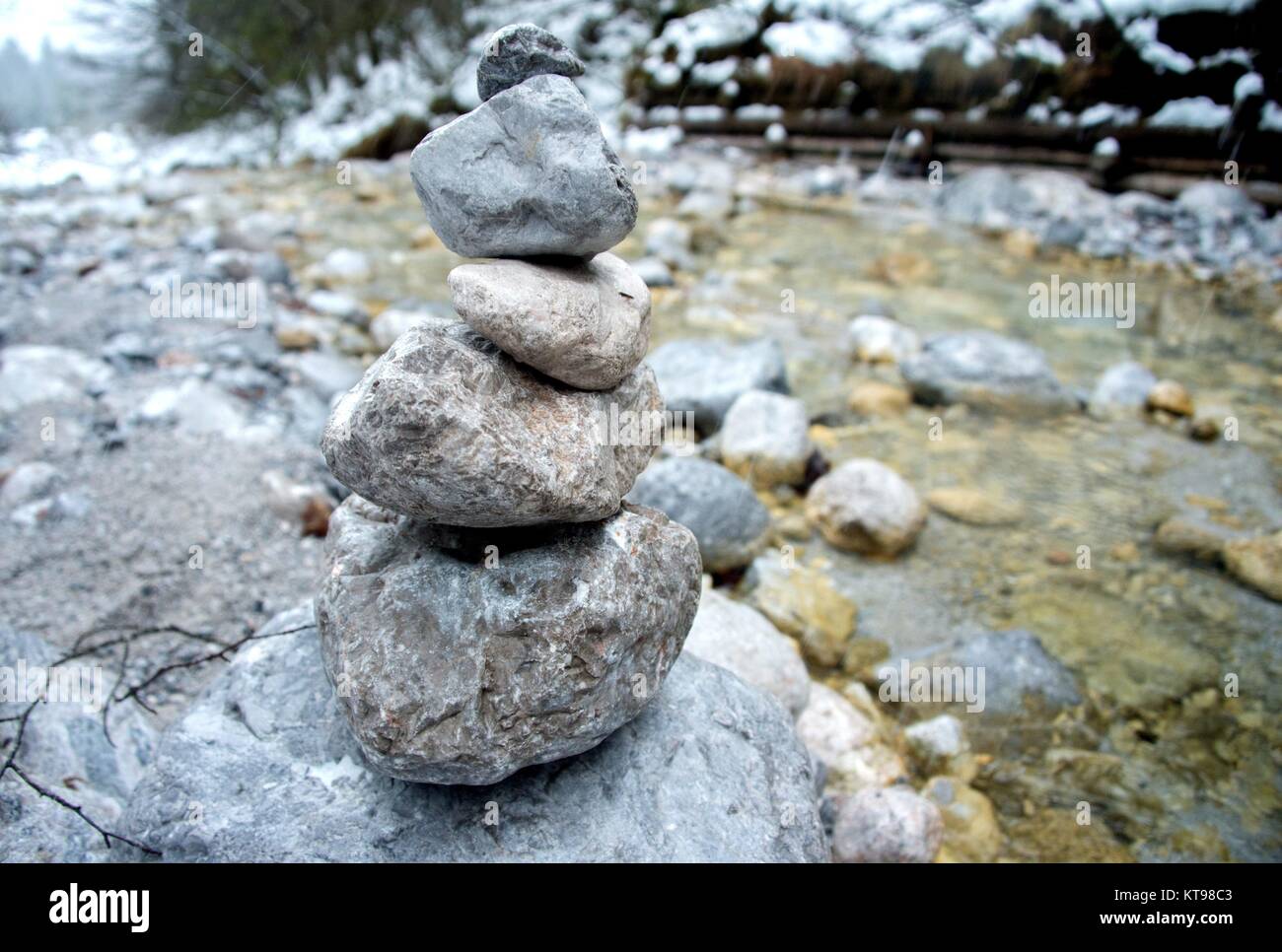 A pile of stones in a mountain creek at lake Königssee near Schönau (Germany), 08 December 2017. | usage worldwide Stock Photo
