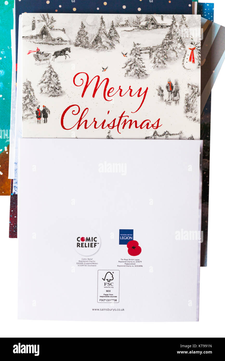 Merry Christmas Christmas card with the Royal British Legion and Comic Relief logos on the back of another Christmas card Stock Photo