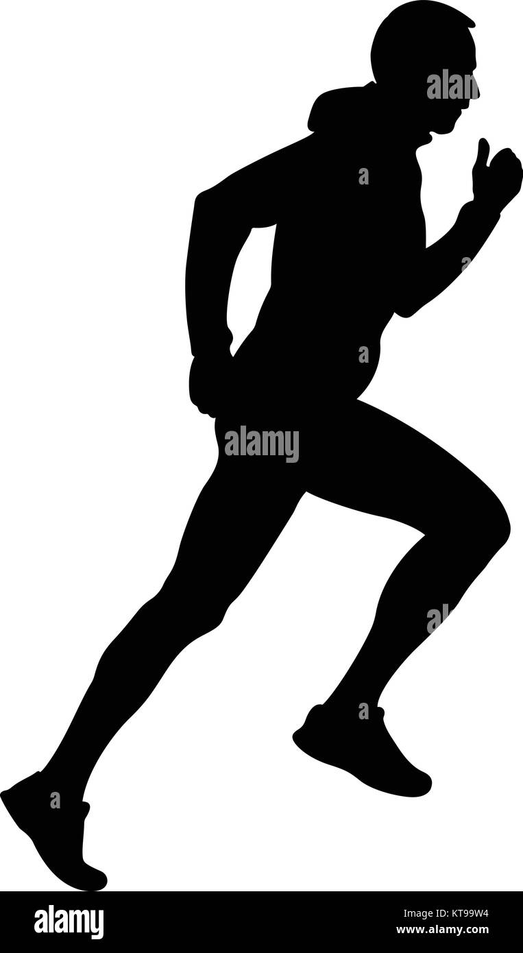 black silhouette male runner running uphill in hooded jacket Stock Vector