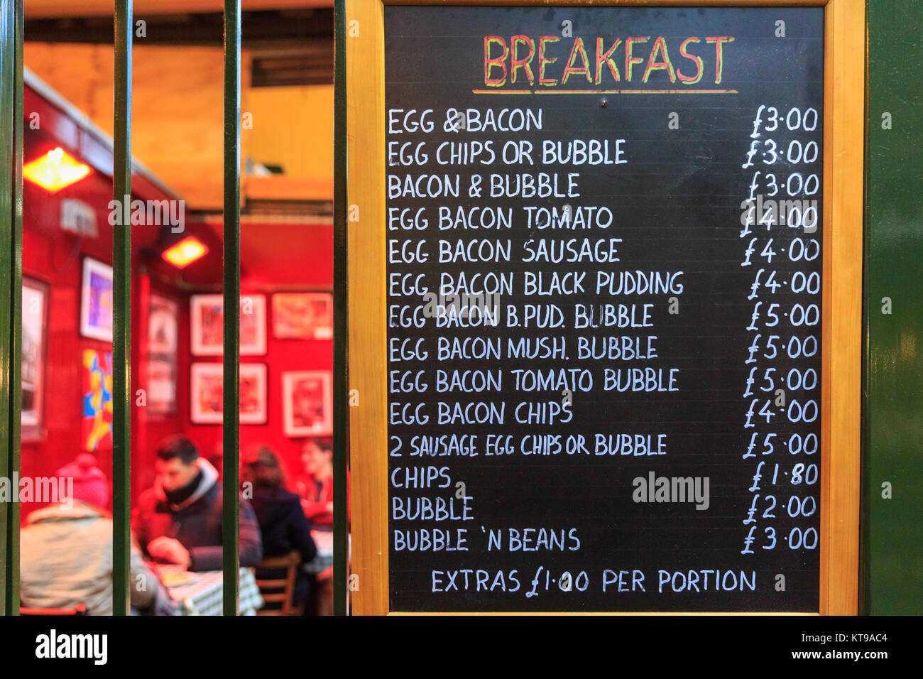 Full English breakfast dishes displayed on a menu in a market cafe Stock Photo