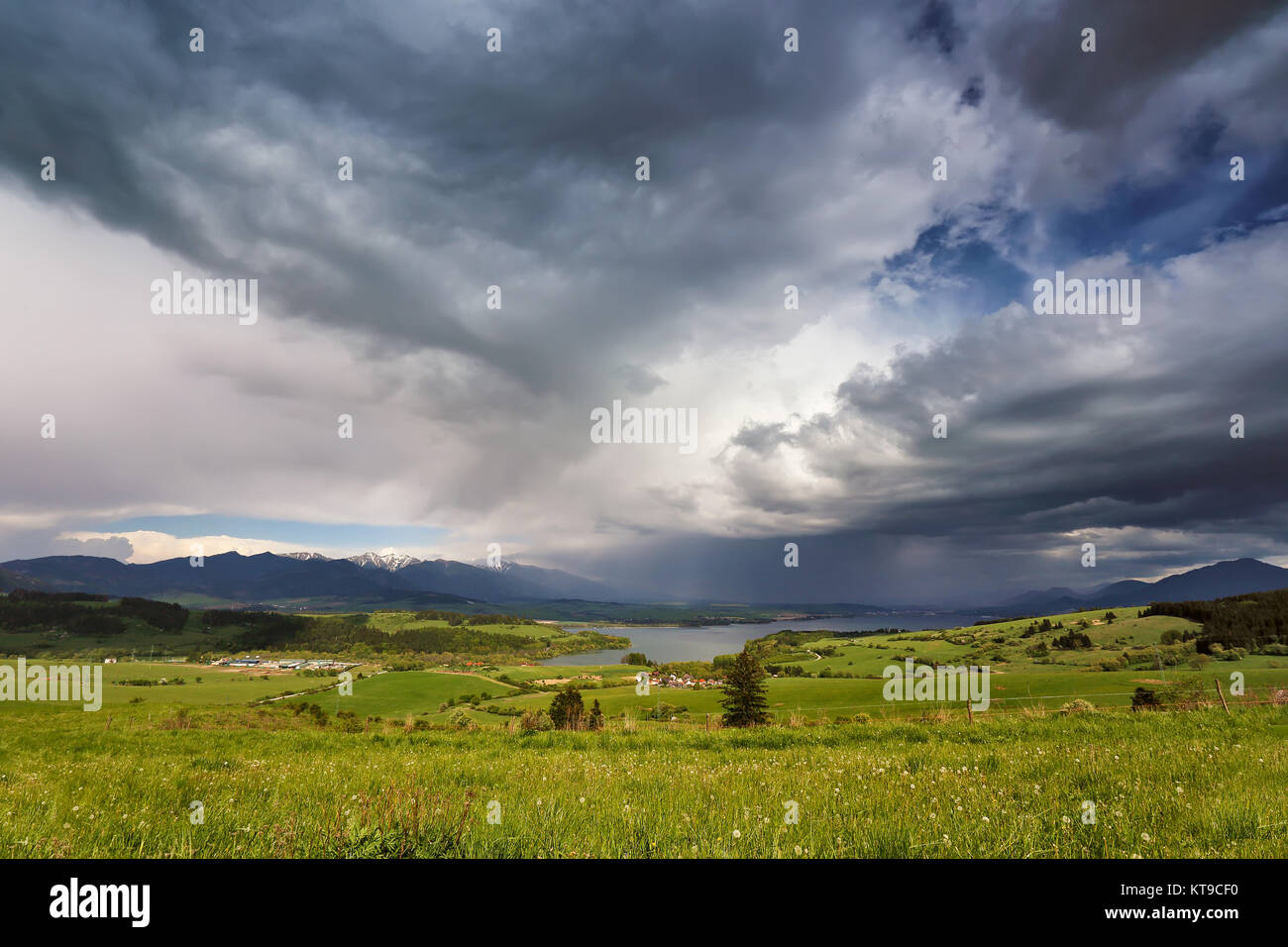 Spring rain and storm in mountains. Green spring hills of Slovakia Stock Photo
