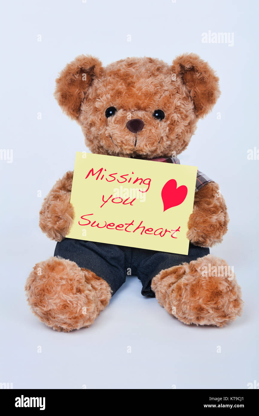 A cute teddy bear holding a yellow sign that says Missing my ...