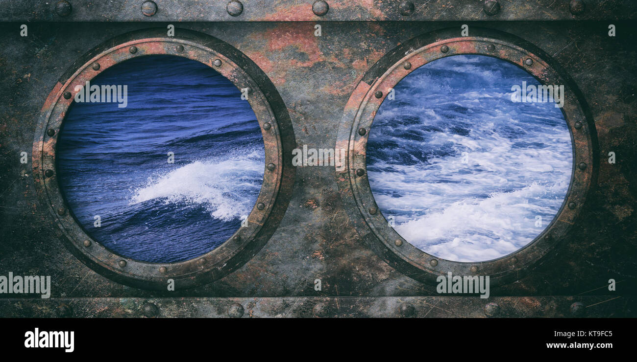 Rusty submarine portholes metal background, Wavy sea out of the