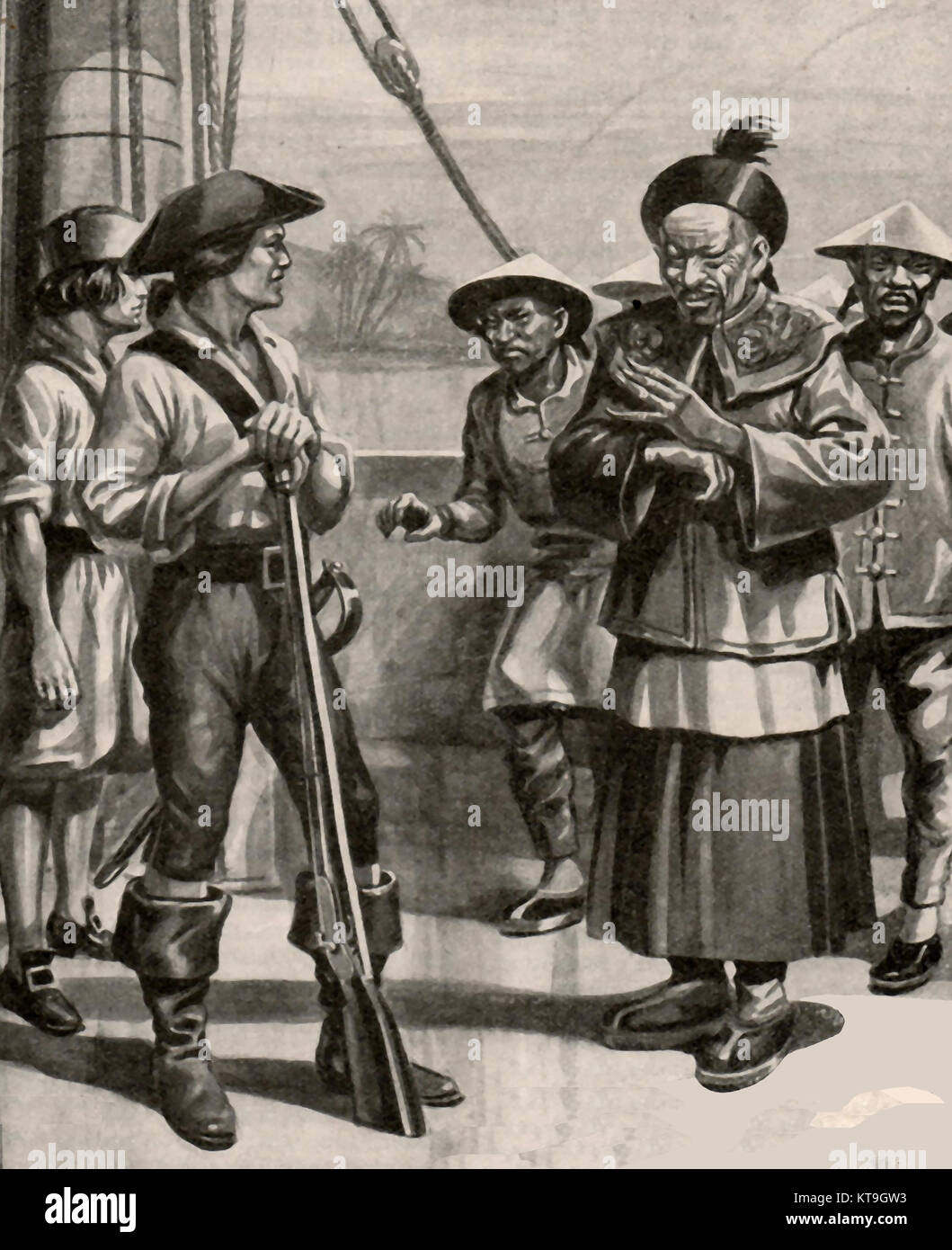 Chinese officials  wearing distinctive  tangzhuang dynasty  hat bob board a sailing ship during the Qing Dynasty (1644–1912). They are greeted by a sailor in a tricorn hat with a rifle (pirate?) - The colour and shape of the hat bob determined the wearers rank or position Stock Photo