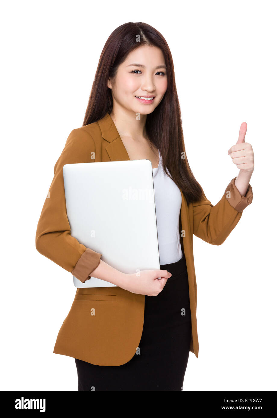 Woman with laptop computer and thumb up Stock Photo - Alamy