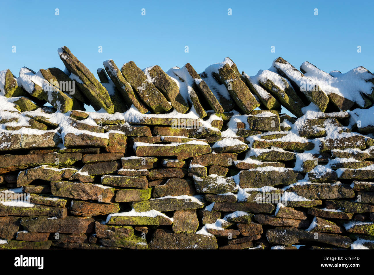 Close up of a traditional drystone wall covered in snow in the High Peak, Derbyshire, England. Stock Photo