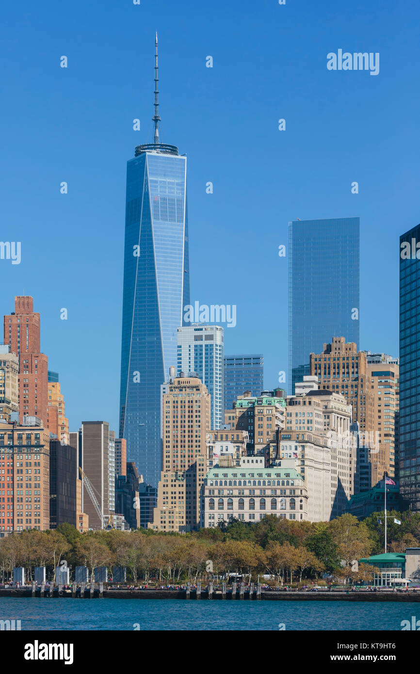 New York, New York State, United States of America.  Manhattan seen from New York Bay.  The tall building is One World Trade Center, also known as 1 W Stock Photo