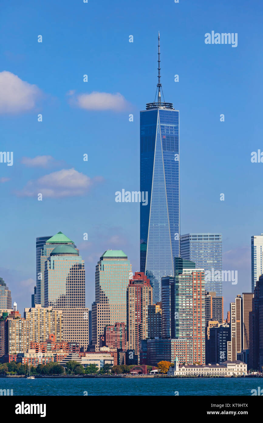 New York, New York State, United States of America.  Manhattan seen from New York Bay.  The tall building is One World Trade Center, also known as 1 W Stock Photo