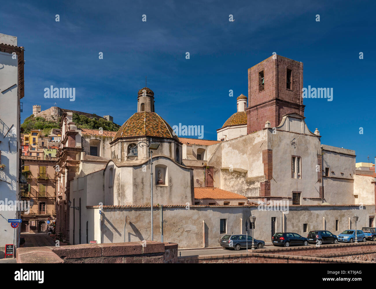 Cattedrale dell'Immacolata, Castello Malaspina in distance, in Bosa, Sardinia, Italy Stock Photo