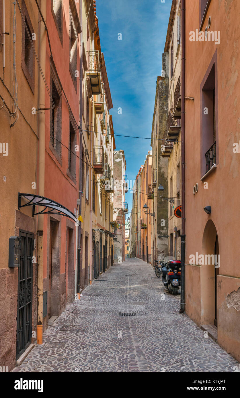 Via del Carmine, street at historic center of Bosa, Oristano province, Sardinia, Italy Stock Photo