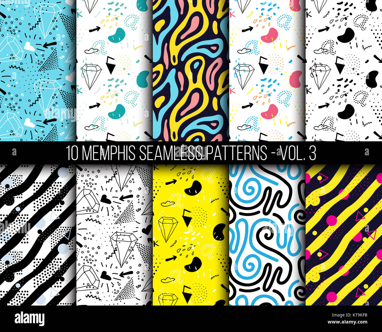 10 universal different geometric memphis seamless patterns Stock Photo