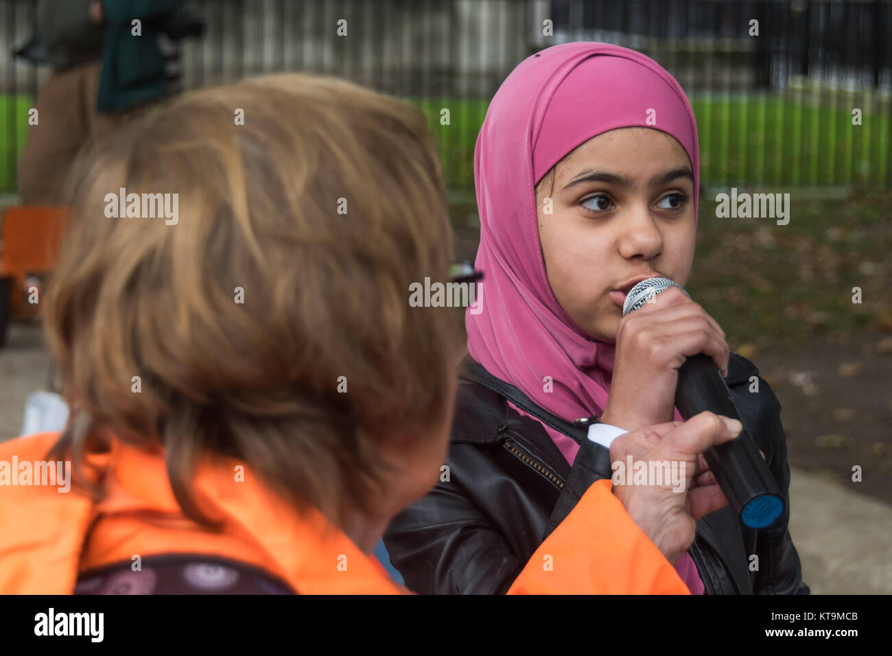 Zainab Omar speaks calling for the release of her father Shawki Ahmed Omar who she has never seen. Her parents were held by the US in Iraq in 2004 and tortured. Over ten years later her father is still in indefinite detention in Iraq. Stock Photo