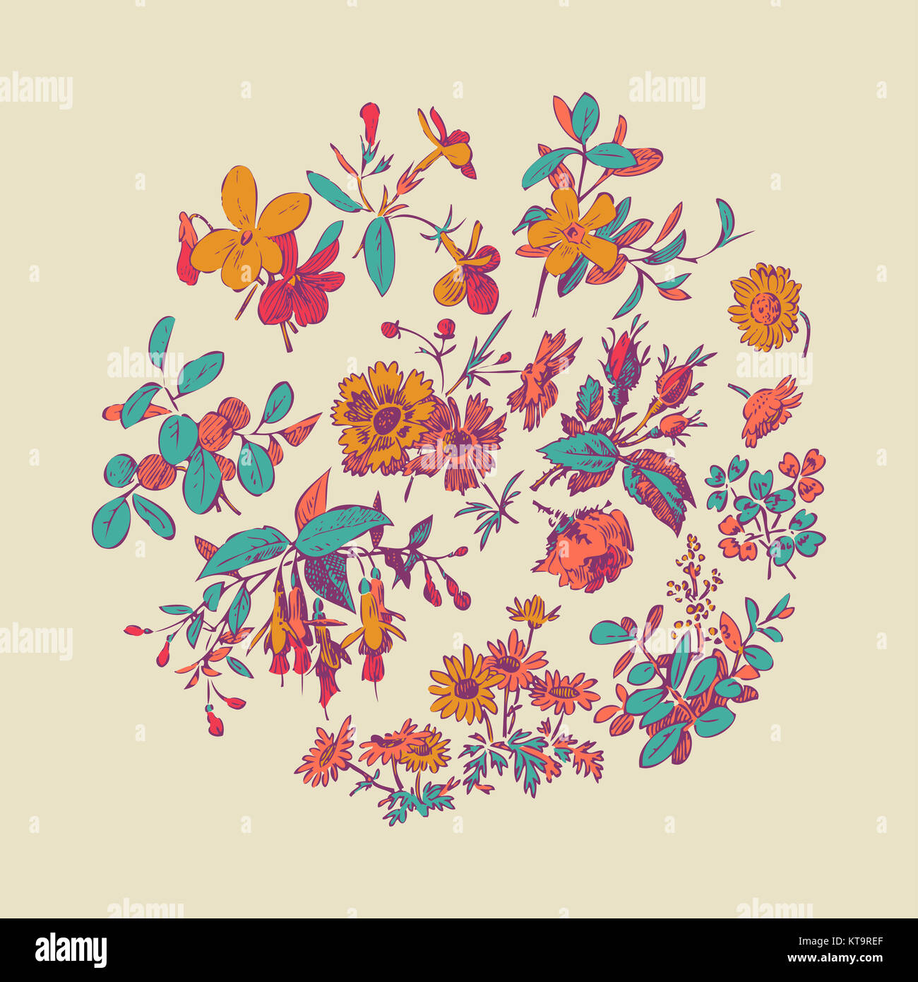 Vector round frame isolated with summer flowers in vintage style Stock ...