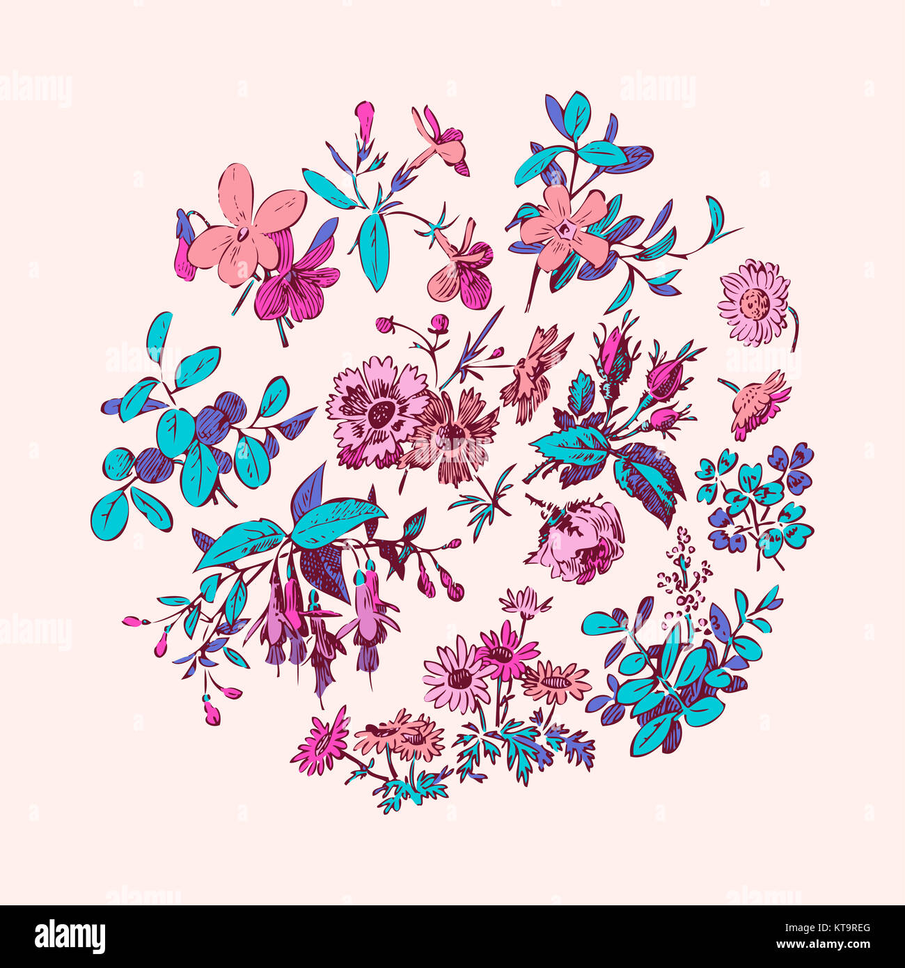 Vector round frame isolated with summer flowers in vintage style Stock ...