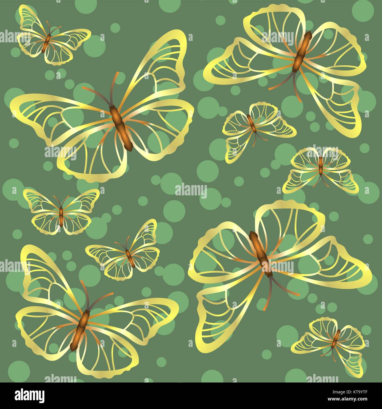 Green background with golden butterflies and circles Stock Vector Image