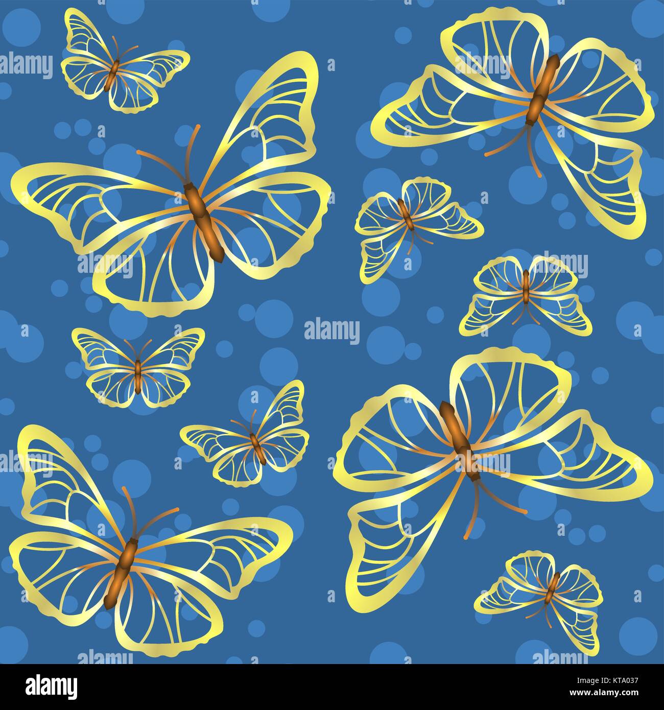 Blue background with golden butterflies and circles Stock Vector Image