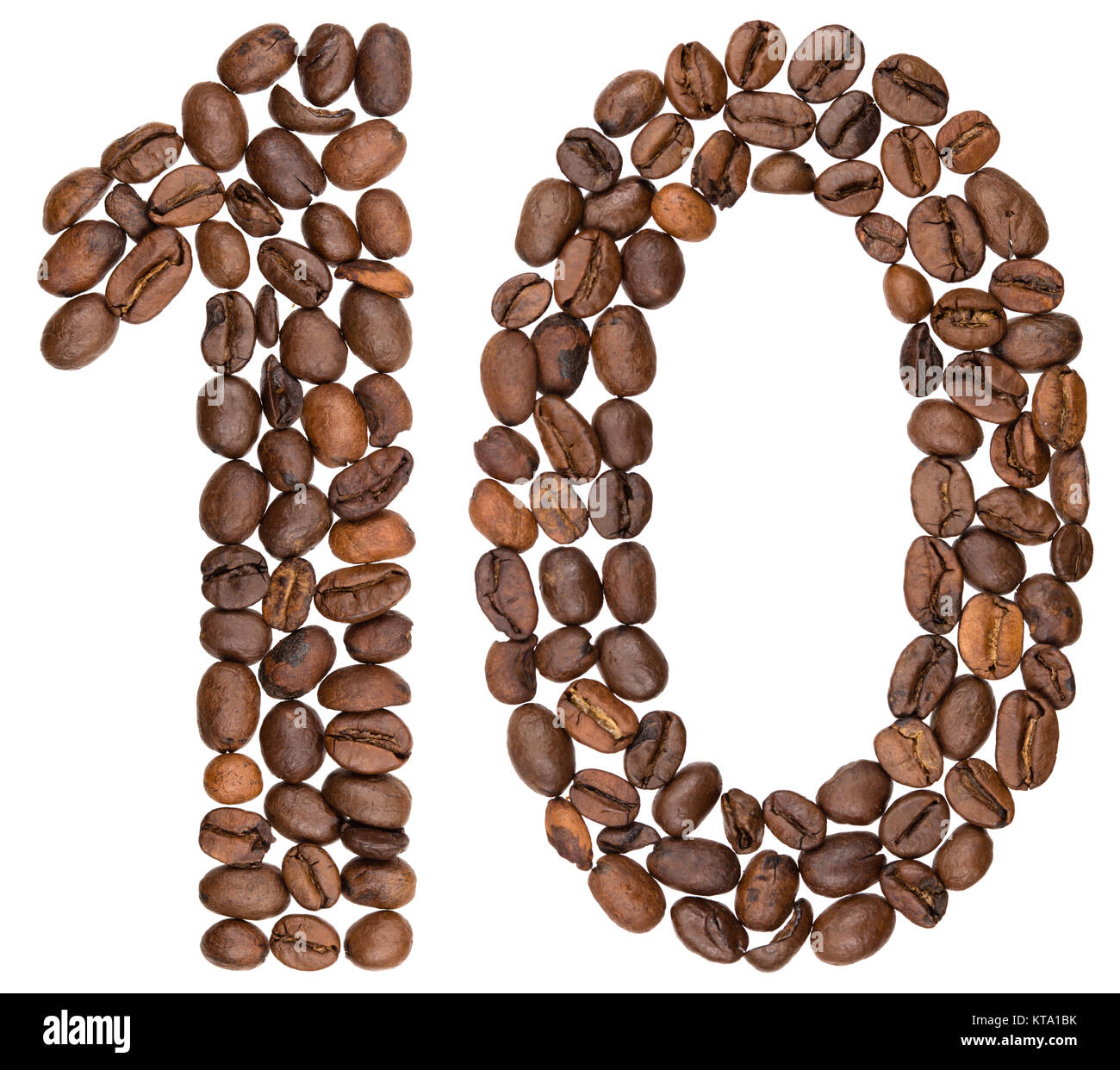 Arabic numeral 10, ten, from coffee beans, isolated on white background Stock Photo