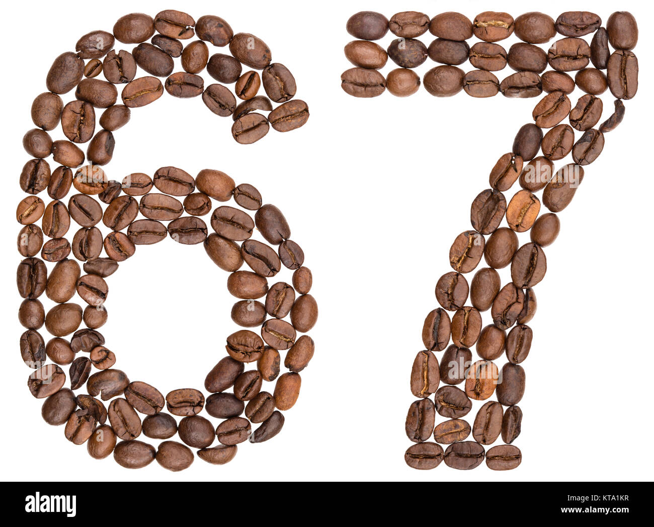 Arabic numeral 67, sixty seven, from coffee beans, isolated on white ...