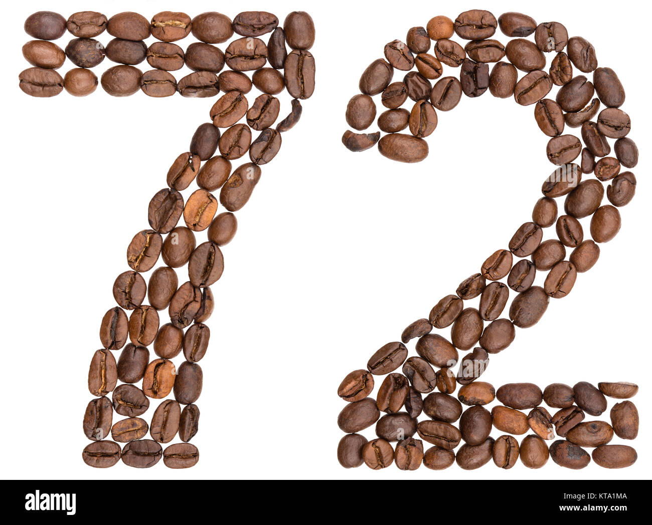 Arabic numeral 72, seventy two, from coffee beans, isolated on white ...
