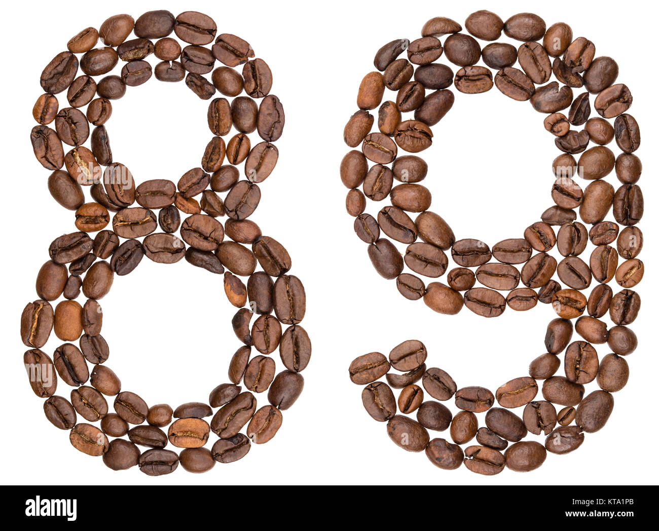 Arabic numeral 89, eighty nine, from coffee beans, isolated on white background Stock Photo