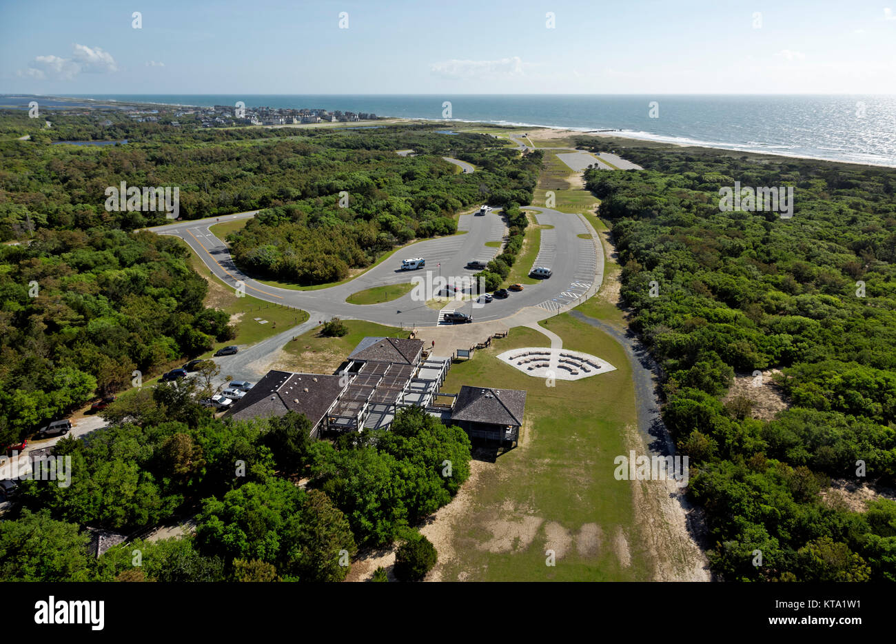 NC01133-00...NORTH CAROLINA - View of the Visitor Center complex, and north to Buxton and Hatteras Island from the Observation Deck of lighthouse. Stock Photo