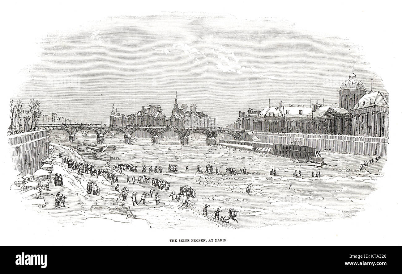 River Seine frozen in Paris, France in 1854 Stock Photo