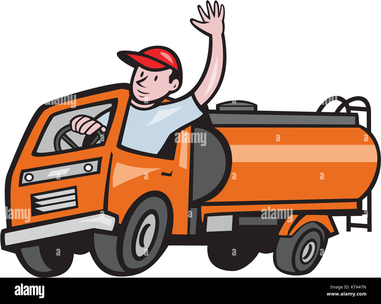 4 Wheeler Tanker Truck Driver Waving Cartoon Stock Photo