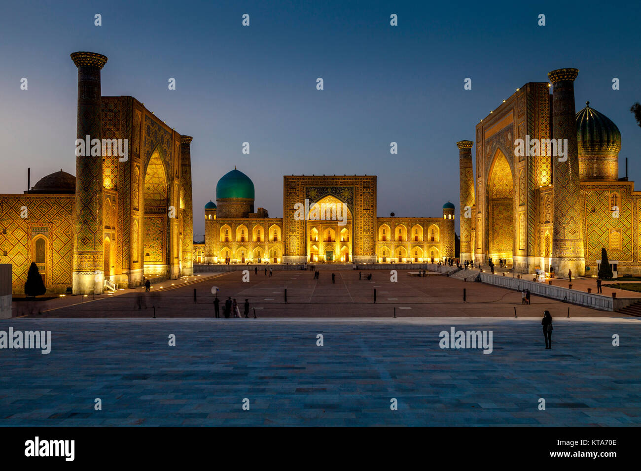 The Registan At Night, Photographed From The Viewing Platform, Samarkand, Uzbekistan Stock Photo