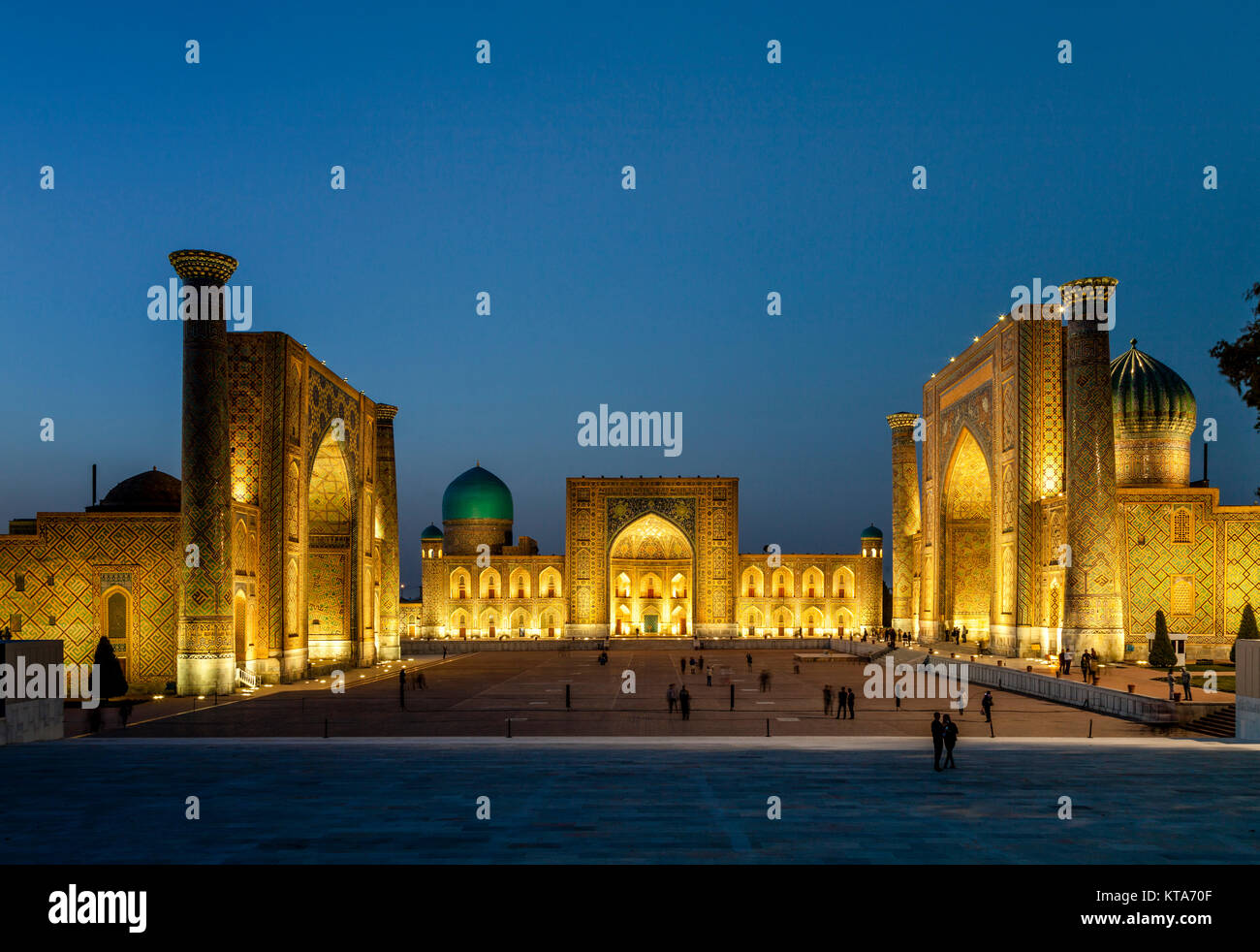 The Registan At Night, Photographed From The Viewing Platform, Samarkand, Uzbekistan Stock Photo