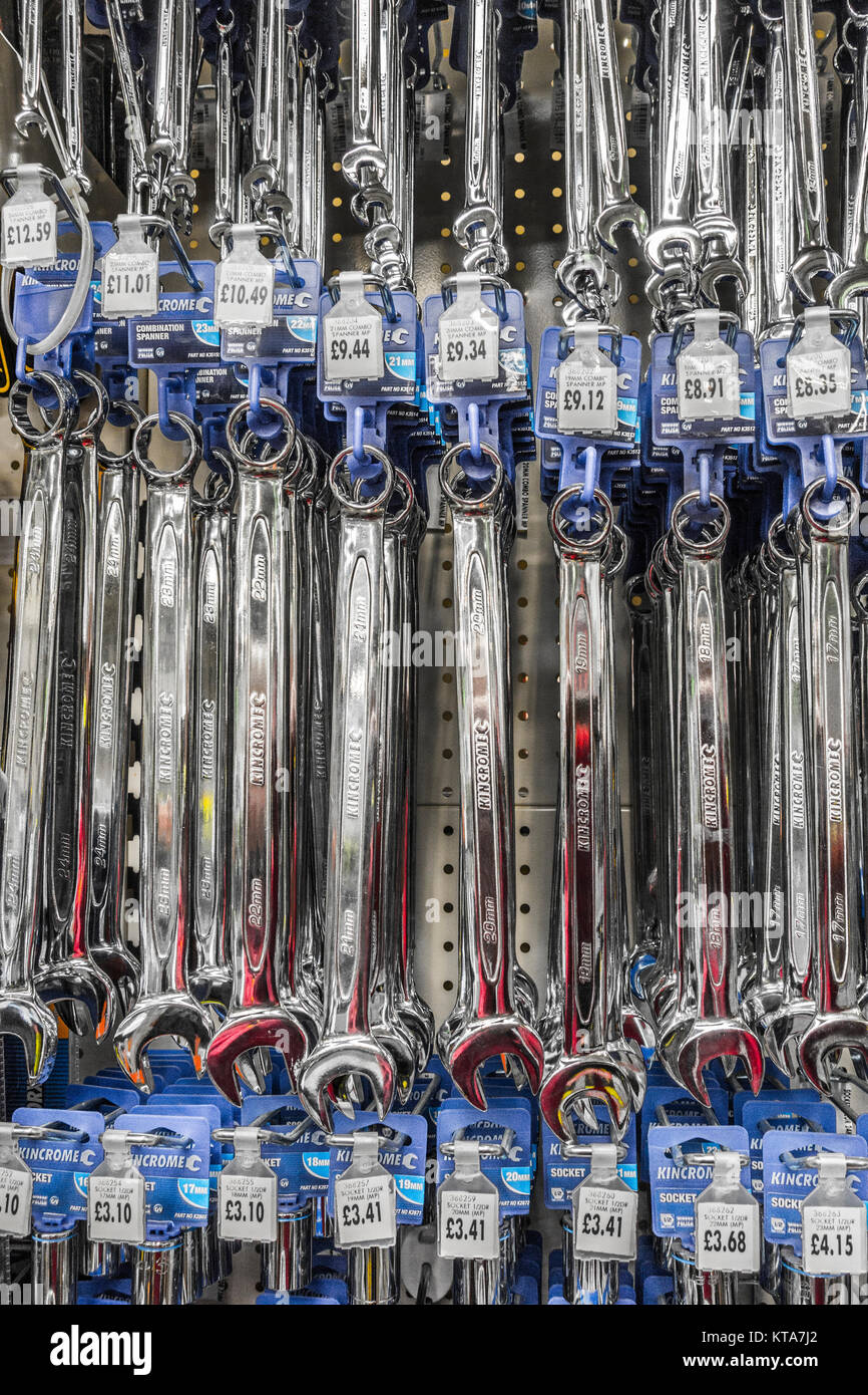 An extensive range of spanners / wrenches and their sterling prices, on display at a Homebase DIY store in England, UK. Stock Photo
