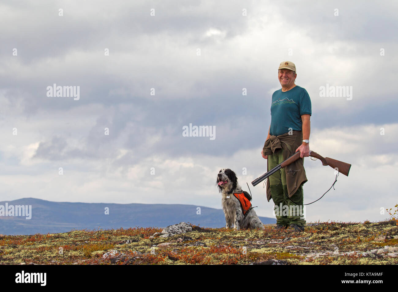 Norwegian hunter with shotgun and English Setter dog hunting grouse on