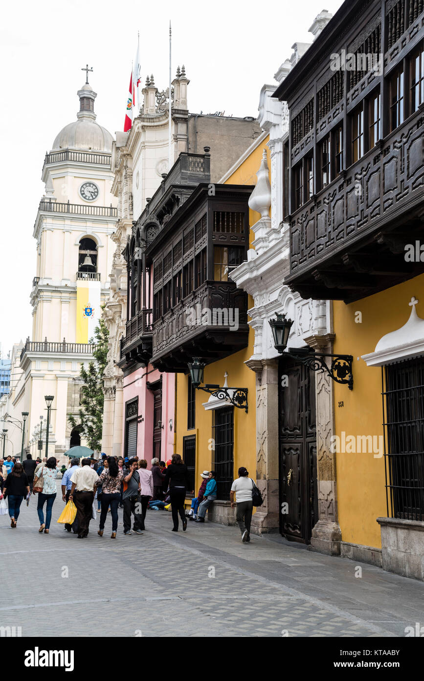 Colonial architecture in Lima city,Inca Garcilaso cultural center in the Ucayali street, Perú. Stock Photo