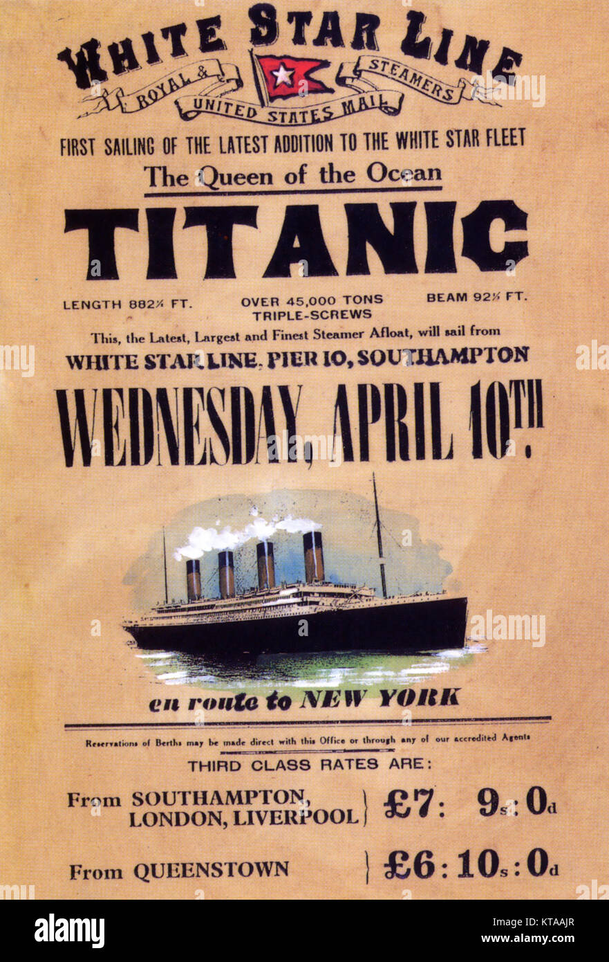 RMS TITANIC Poster announcing the departure sailing of the British passenger liner in April 1912. She sank on 15 April. Stock Photo